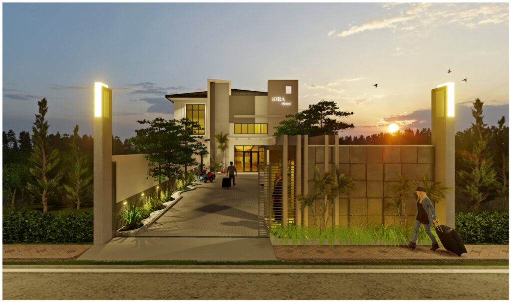Desain fasad hotel contemporary tropical dengan pencahayaan sore hari di Cikarang, karya Boemi Studio sebagai konsultan arsitektur dan kontraktor desain dan build