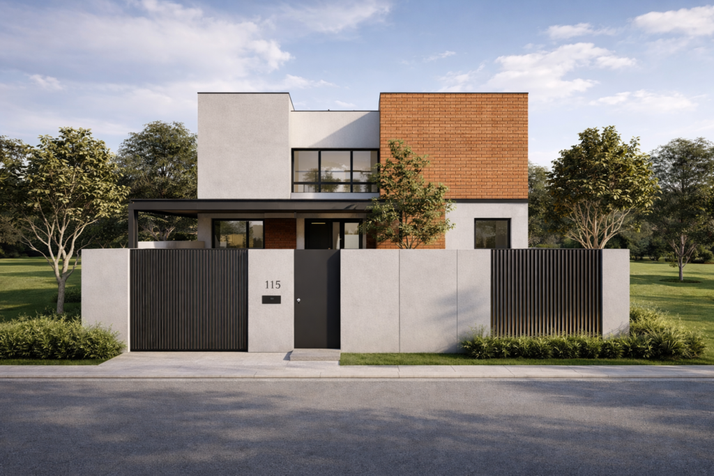 3D render fasad rumah urban minimalist 2 lantai dengan bata terakota dan desain modern Boemi Studio
