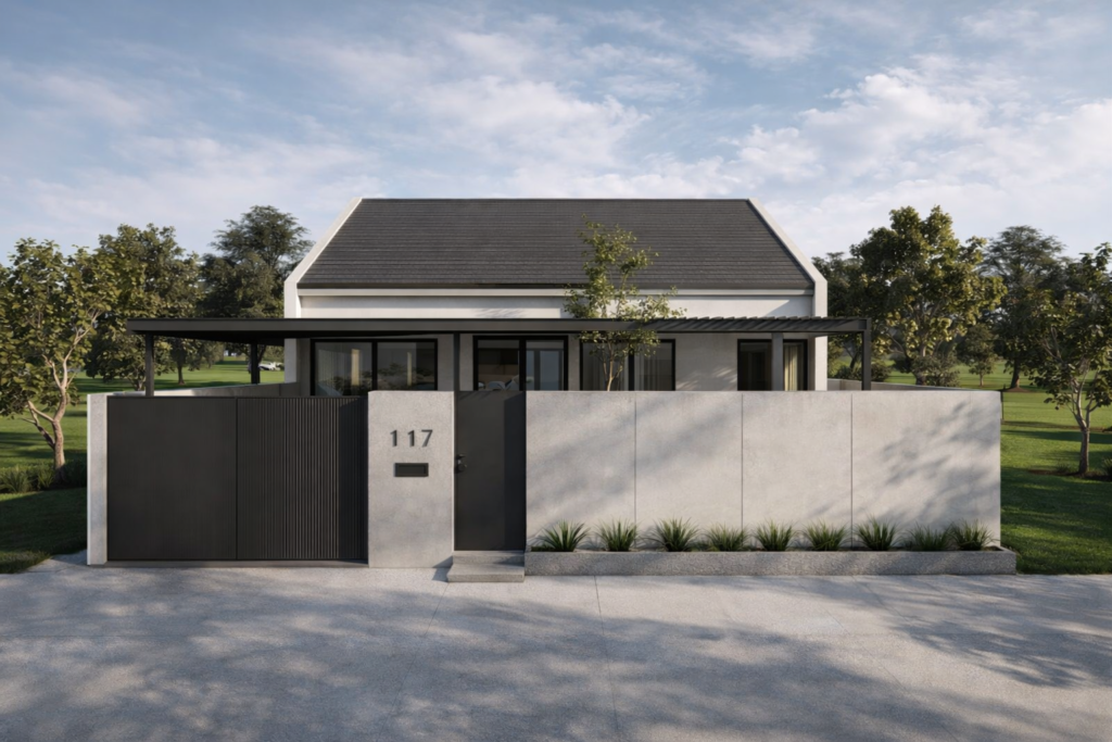 Desain fasad rumah urban minimalist modern satu lantai dengan pagar panel dan garasi terbuka, karya boemistudio kontraktor desain dan build sipil profesional