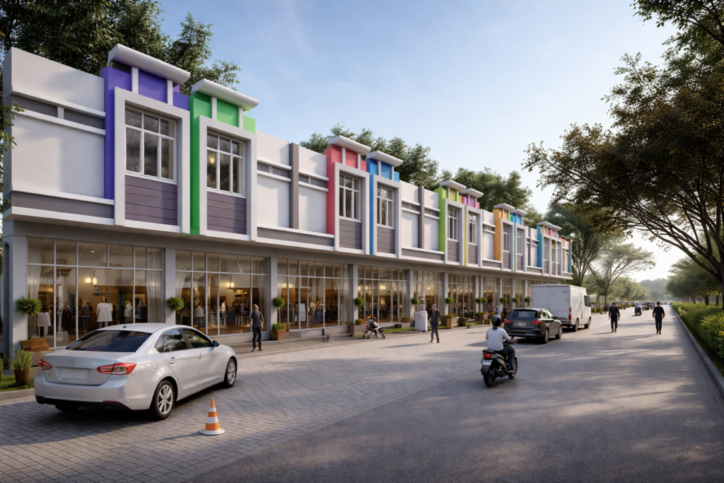 3D render desain fasad perkantoran modern bergaya urban dengan tampilan profesional dan arsitektur kontemporer