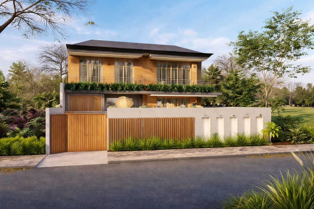 Tropical contemporary house facade with modern fence, 3D architectural render for residential design in Jakarta, Tangerang Selatan, and Sukabumi