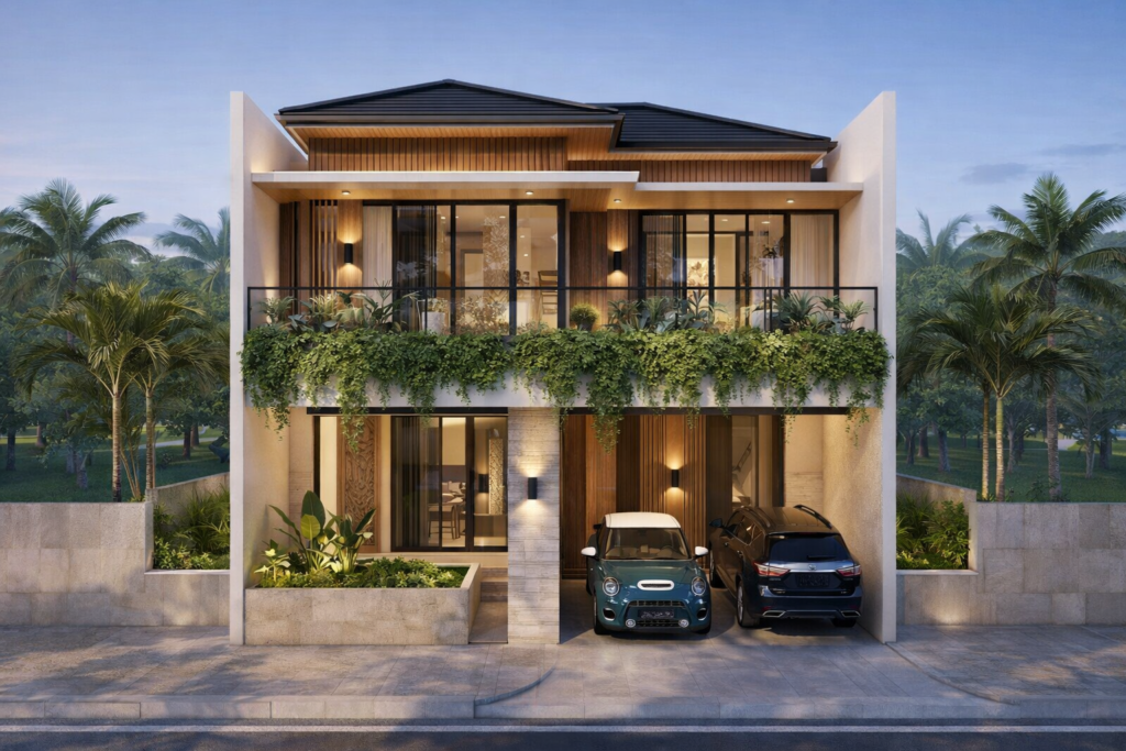 Hunian tropis modern dua lantai dengan fasad hijau dan balkon tanaman, visualisasi arsitektur 3D di Indonesia