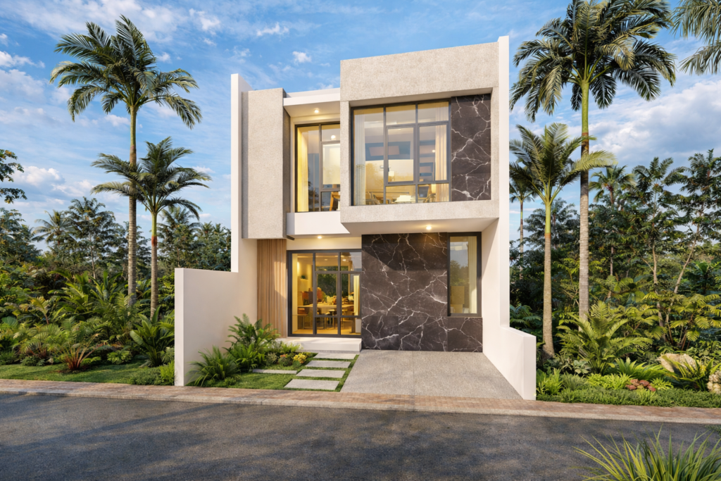 Modern tropical residential housing facade, two-storey house 3D render for housing project in Indonesia