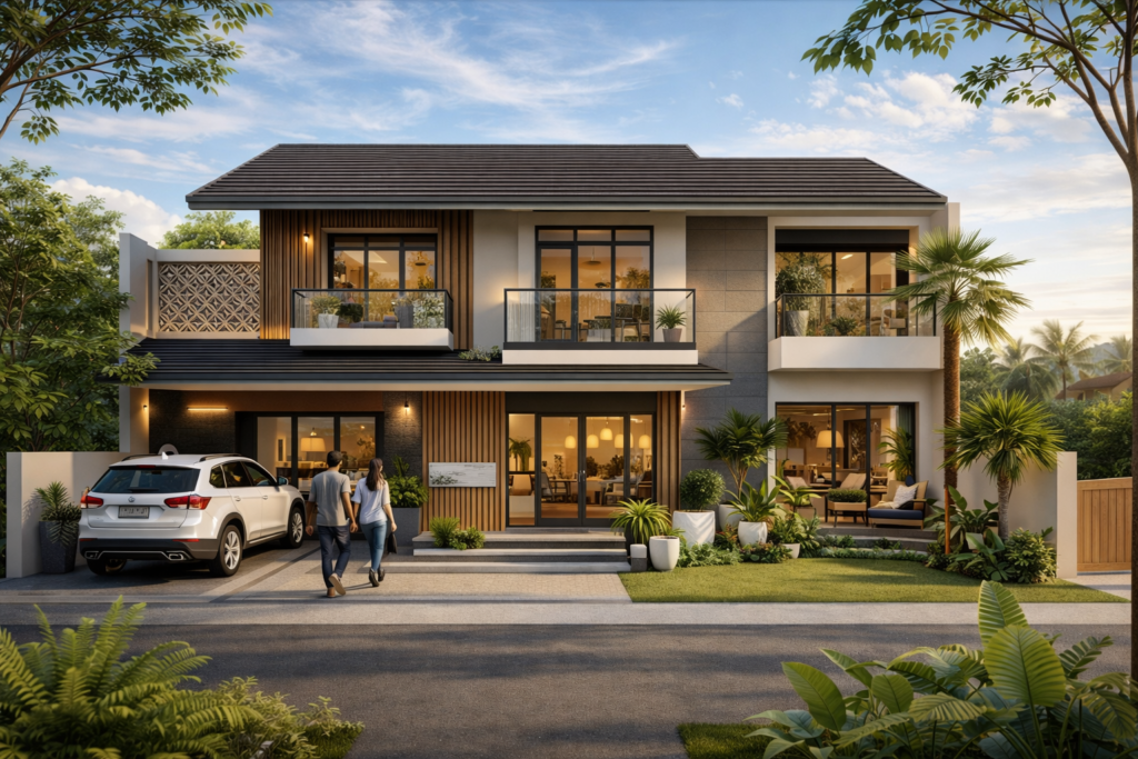Fasad rumah tropis kontemporer dua lantai dengan pagar modern dan taman hijau di Indonesia