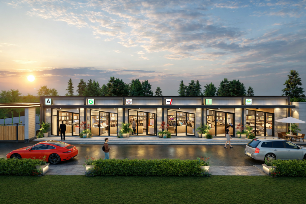 Desain pertokoan modern minimalis dengan fasad elegan
